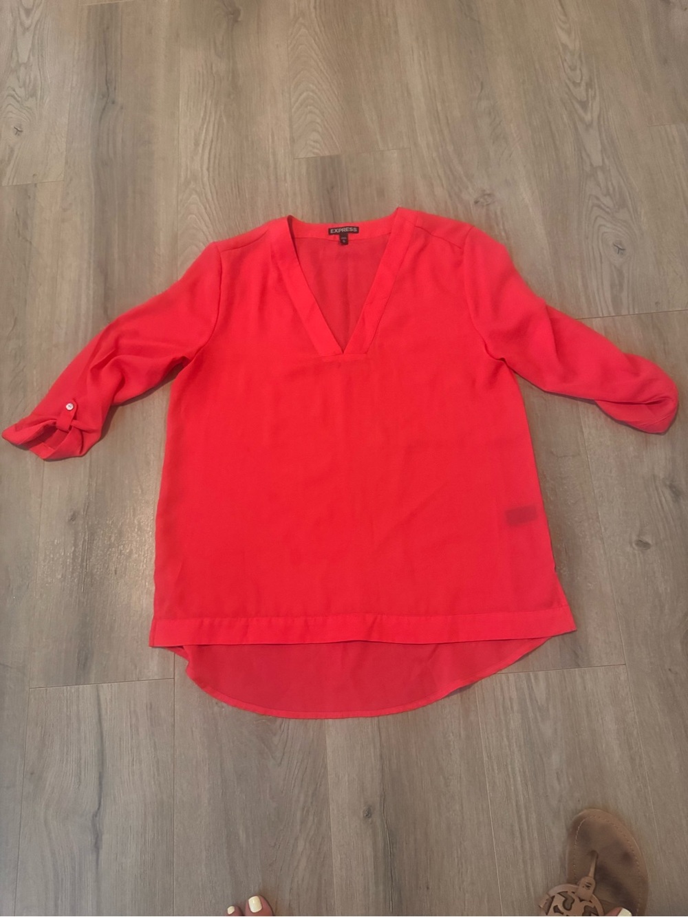 Express Coral Red V-Neck Roll-Sleeve Blouse